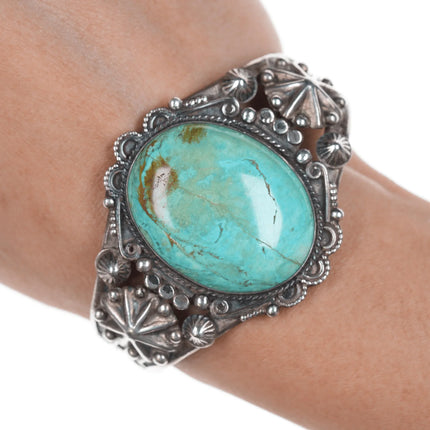 6.375" c1940's Navajo stamped silver cuff bracelet with large turquosie - Estate Fresh Austin