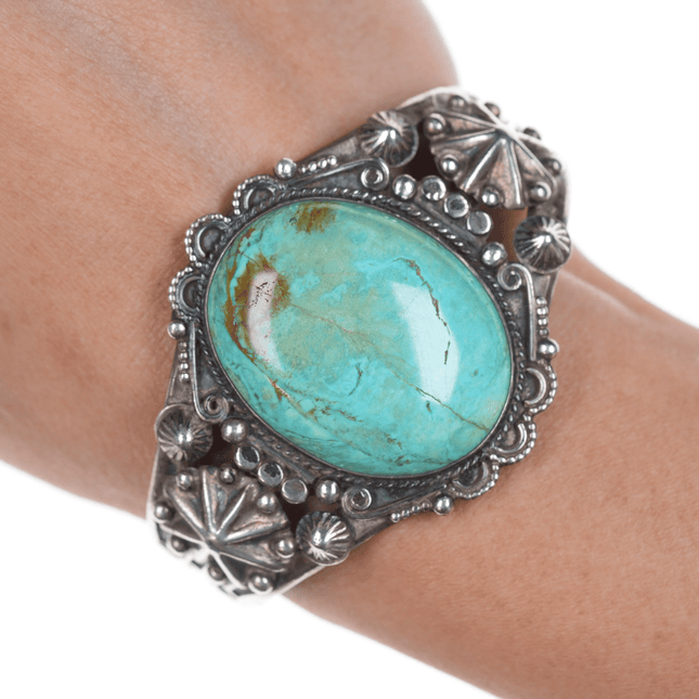 6 3/8" c1940's Navajo stamped silver cuff bracelet with large turquosie - Estate Fresh Austin