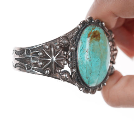 6.375" c1940's Navajo stamped silver cuff bracelet with large turquosie - Estate Fresh Austin