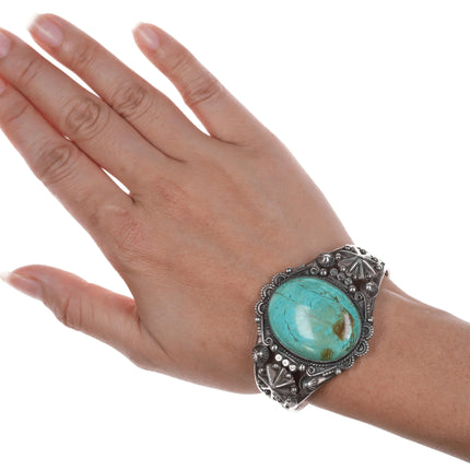 6.375" c1940's Navajo stamped silver cuff bracelet with large turquosie - Estate Fresh Austin
