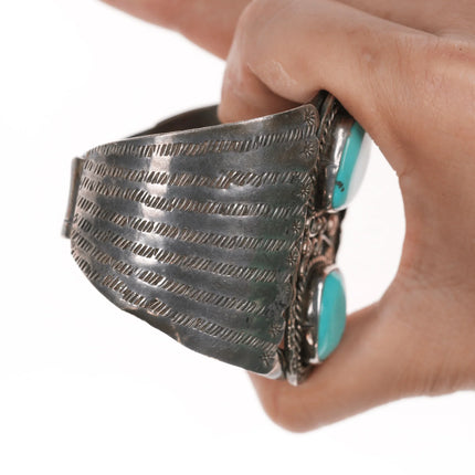 6.375" c1960's Large Navajo silver wide cuff bracelet with turquoise - Estate Fresh Austin