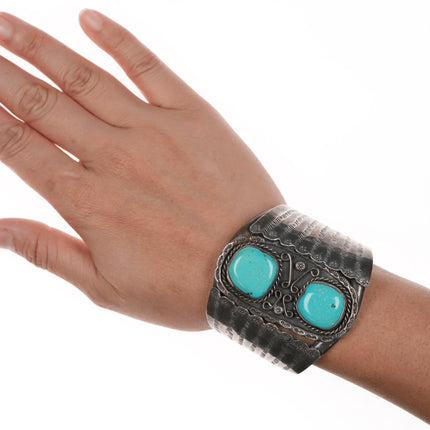 6.375" c1960's Large Navajo silver wide cuff bracelet with turquoise - Estate Fresh Austin