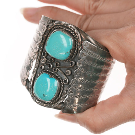 6.375" c1960's Large Navajo silver wide cuff bracelet with turquoise - Estate Fresh Austin