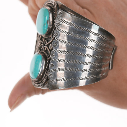 6.375" c1960's Large Navajo silver wide cuff bracelet with turquoise - Estate Fresh Austin