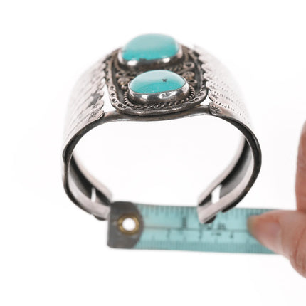 6.375" c1960's Large Navajo silver wide cuff bracelet with turquoise - Estate Fresh Austin