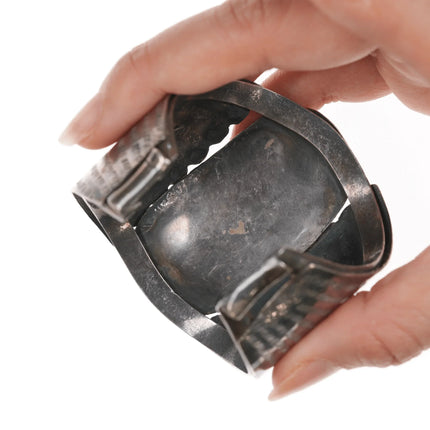 6.375" c1960's Large Navajo silver wide cuff bracelet with turquoise - Estate Fresh Austin
