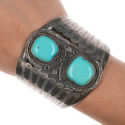 6.375" c1960's Large Navajo silver wide cuff bracelet with turquoise - Estate Fresh Austin