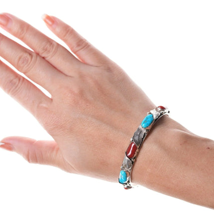 6.375" Carmelita and Dan Simplicio Zuni Sterling, turquoise, and coral bracelet - Estate Fresh Austin