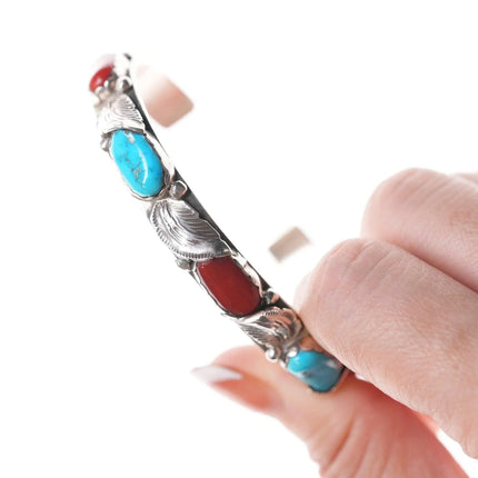 6.375" Carmelita and Dan Simplicio Zuni Sterling, turquoise, and coral bracelet - Estate Fresh Austin