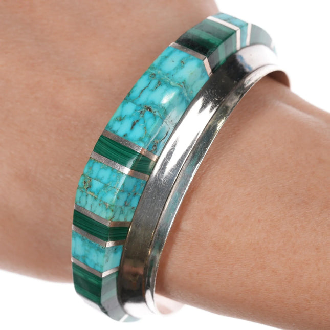 6.375" Chad Hoskie Navajo sterling high grade turquoise, malachite modernist inlaid cuff bracelet - Estate Fresh Austin
