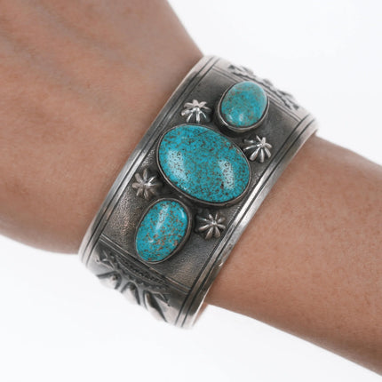 6.375" Charlie John Navajo silver and turquoise cuff bracelet - Estate Fresh Austin