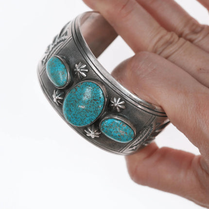 6.375" Charlie John Navajo silver and turquoise cuff bracelet - Estate Fresh Austin