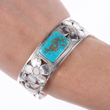 6 3/8" Hand Engraved sterling and turquoise bracelet by Michael and Sons Reno NV - Estate Fresh Austin