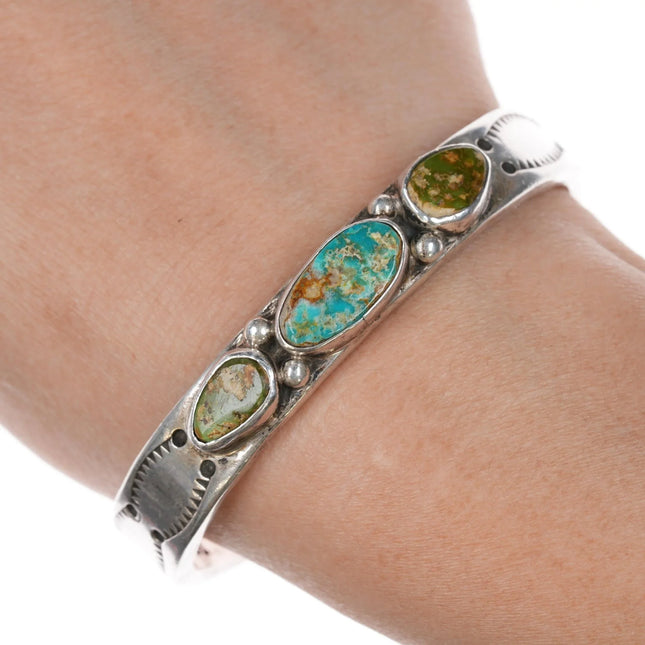 6.375" IG Native American silver and turquoise interior stamped cuff bracelet - Estate Fresh Austin
