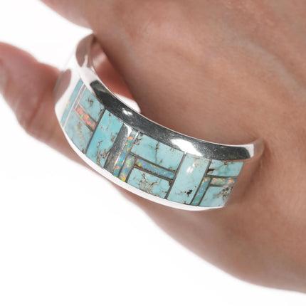 6.375" Jerry Nelson Navajo silver Opal and Turquoise channel inlay cuff bracelet - Estate Fresh Austin