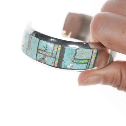 6.375" Jerry Nelson Navajo silver Opal and Turquoise channel inlay cuff bracelet - Estate Fresh Austin