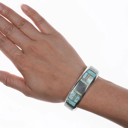 6.375" Jerry Nelson Navajo silver Opal and Turquoise channel inlay cuff bracelet - Estate Fresh Austin
