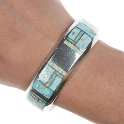 6.375" Jerry Nelson Navajo silver Opal and Turquoise channel inlay cuff bracelet - Estate Fresh Austin