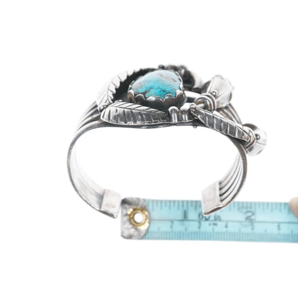 6.375" Large Native American Silver turquoise and coral blossom cuff bracelet - Estate Fresh Austin