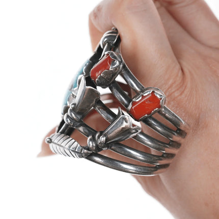 6.375" Large Native American Silver turquoise and coral blossom cuff bracelet - Estate Fresh Austin