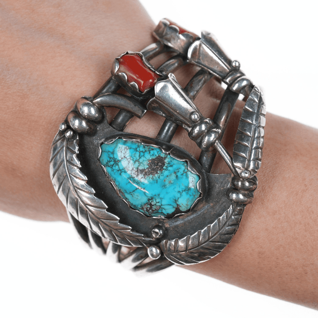 6 3/8" Large Native American Silver turquoise and coral blossom cuff bracelet - Estate Fresh Austin