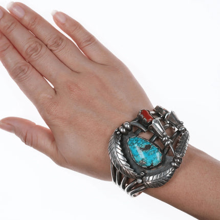 6.375" Large Native American Silver turquoise and coral blossom cuff bracelet - Estate Fresh Austin