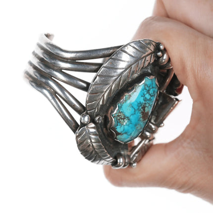 6.375" Large Native American Silver turquoise and coral blossom cuff bracelet - Estate Fresh Austin