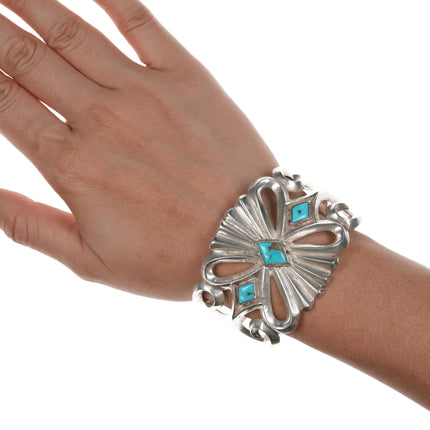 6.375" Large old Native American silver cast cuff bracelet with turquoise - Estate Fresh Austin
