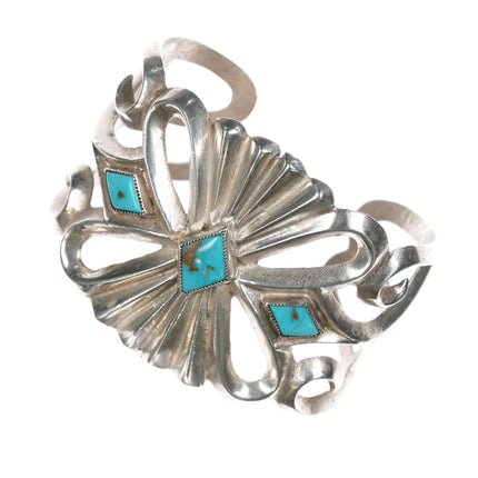 6.375" Large old Native American silver cast cuff bracelet with turquoise - Estate Fresh Austin