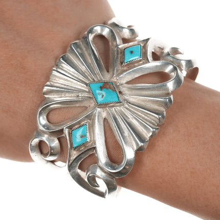 6.375" Large old Native American silver cast cuff bracelet with turquoise - Estate Fresh Austin