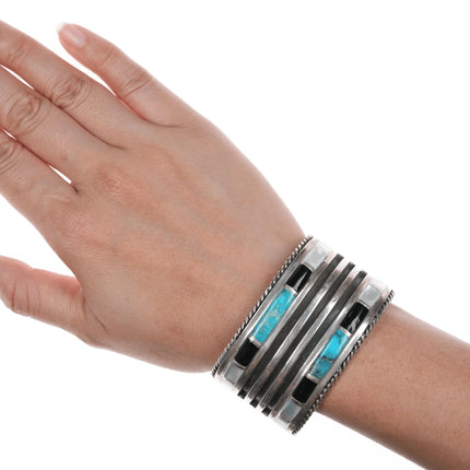 6.375" Large Vintage Zuni Turquoise, jet, and mother of pearl silver cuff bracelet - Estate Fresh Austin