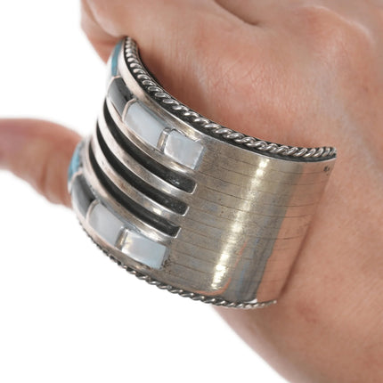 6.375" Large Vintage Zuni Turquoise, jet, and mother of pearl silver cuff bracelet - Estate Fresh Austin