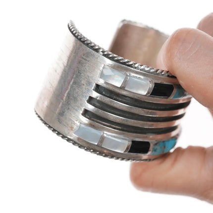 6.375" Large Vintage Zuni Turquoise, jet, and mother of pearl silver cuff bracelet - Estate Fresh Austin