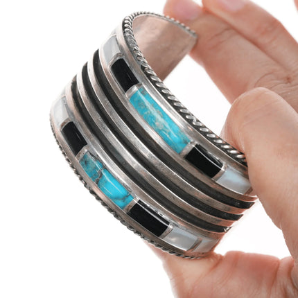 6.375" Large Vintage Zuni Turquoise, jet, and mother of pearl silver cuff bracelet - Estate Fresh Austin