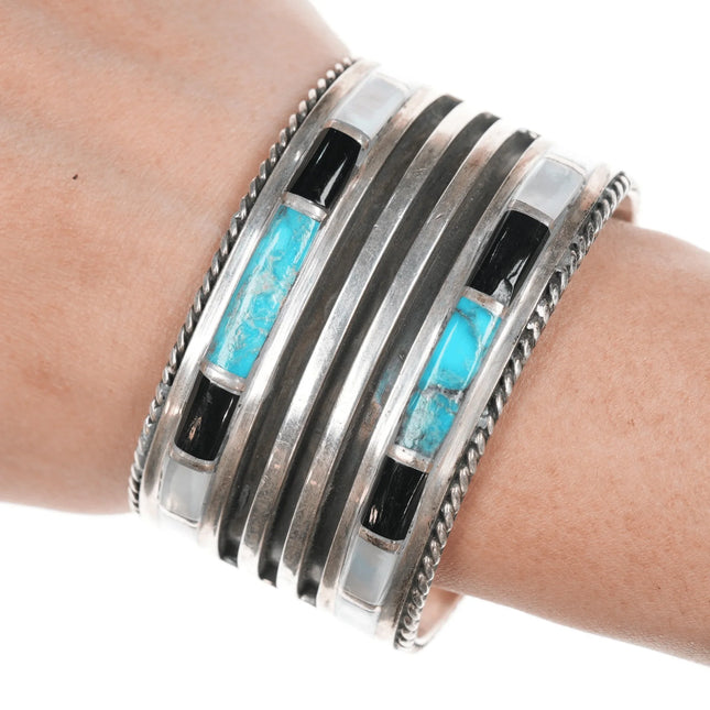 6.375" Large Vintage Zuni Turquoise, jet, and mother of pearl silver cuff bracelet - Estate Fresh Austin