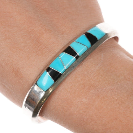 6.375" M Native American Sterling, turquoise, and jet cuff bracelet - Estate Fresh Austin