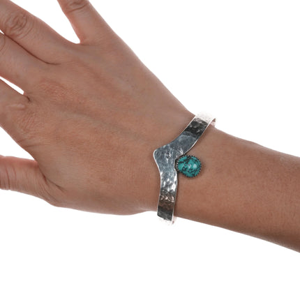 6.375" Mary Cayetineto Navajo hammered sterling cuff bracelet with turquoise - Estate Fresh Austin
