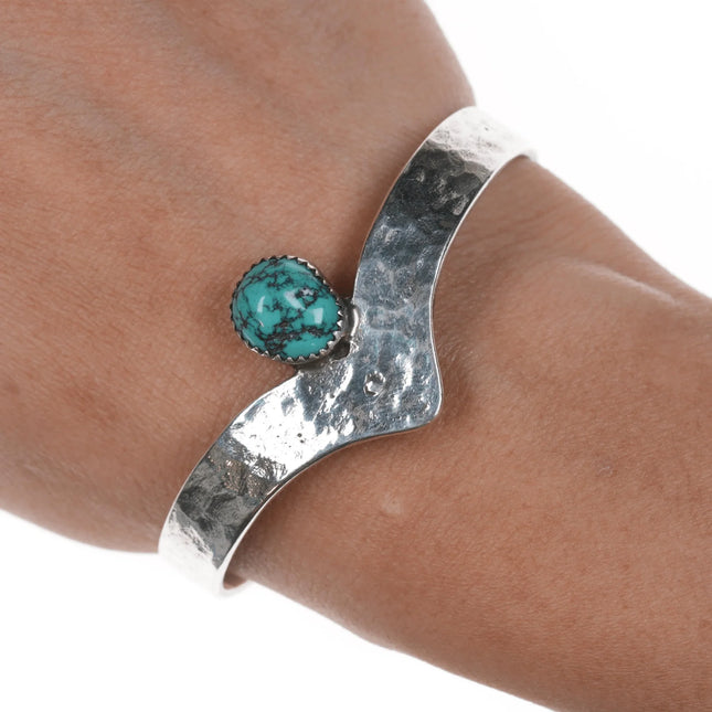 6.375" Mary Cayetineto Navajo hammered sterling cuff bracelet with turquoise - Estate Fresh Austin