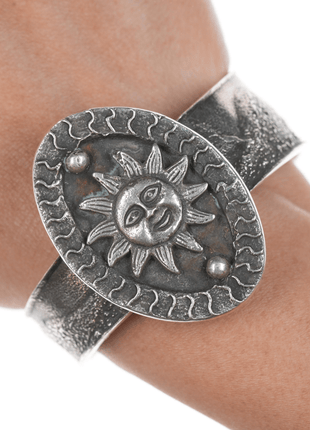 6 3/8" Native American silver Tufa Cast sun cuff bracelet - Estate Fresh Austin