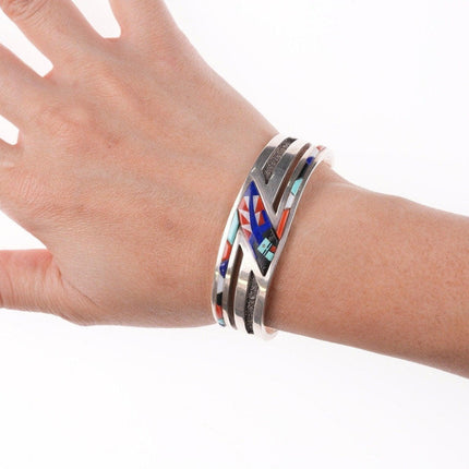 6.375" Navajo Gary Arviso Sterling silver cuff bracelet multi-stone inlay - Estate Fresh Austin