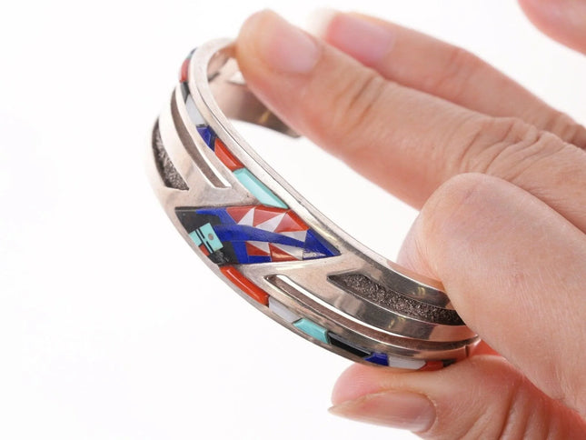 6.375" Navajo Gary Arviso Sterling silver cuff bracelet multi-stone inlay - Estate Fresh Austin