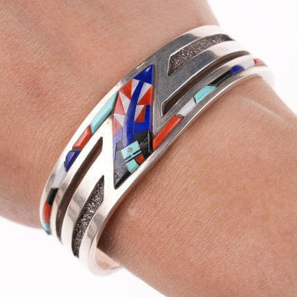 6.375" Navajo Gary Arviso Sterling silver cuff bracelet multi-stone inlay - Estate Fresh Austin