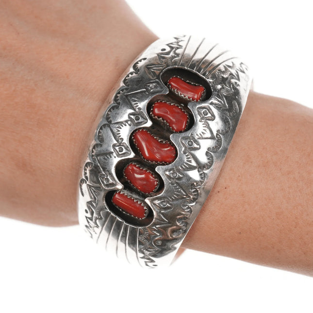 6.375" Pauline Benally Vintage Navajo silver and coral cuff bracelet - Estate Fresh Austin