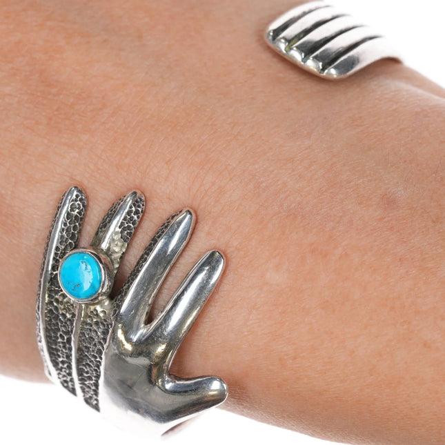 6.375" Robert Sorrell Navajo tufa cast hand cuff bracelet with turquoise - Estate Fresh Austin