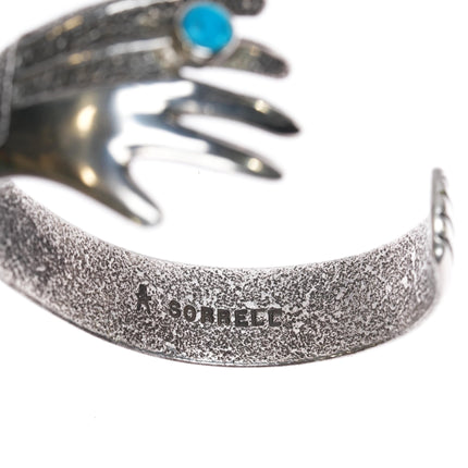 6 3/8" Robert Sorrell Navajo tufa cast hand cuff bracelet with turquoise - Estate Fresh Austin