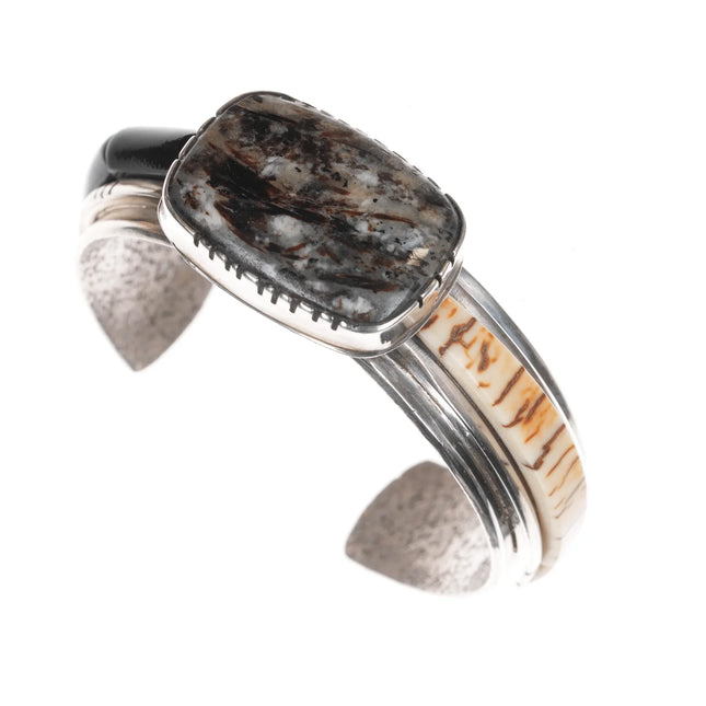 6.375" Southwestern modernist sterling multi-stone inlay cuff bracelet - Estate Fresh Austin