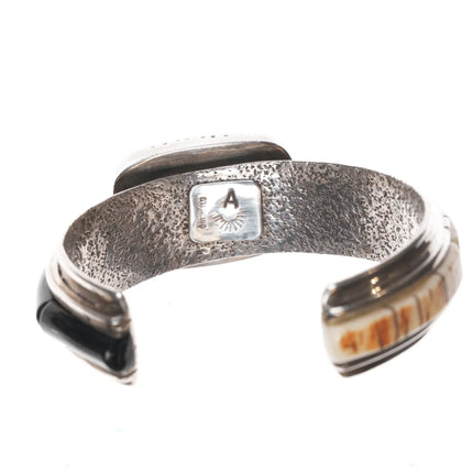 6.375" Southwestern modernist sterling multi-stone inlay cuff bracelet - Estate Fresh Austin