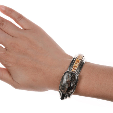 6.375" Southwestern modernist sterling multi-stone inlay cuff bracelet - Estate Fresh Austin