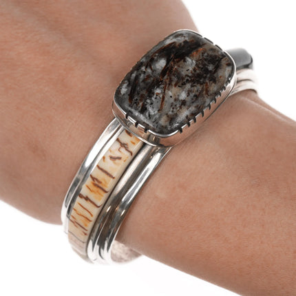 6.375" Southwestern modernist sterling multi-stone inlay cuff bracelet - Estate Fresh Austin