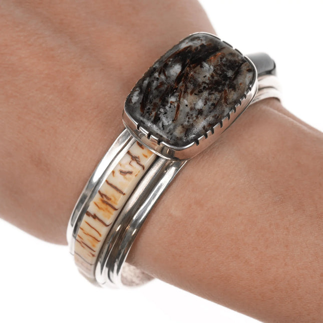 6.375" Southwestern modernist sterling multi-stone inlay cuff bracelet - Estate Fresh Austin